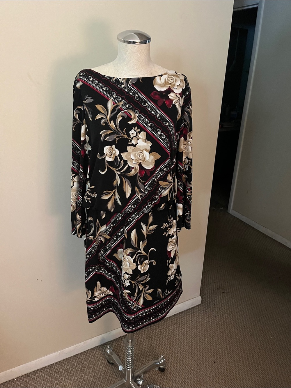 White House Black Market Black Floral Long-Sleeve Dress with Cream Roses